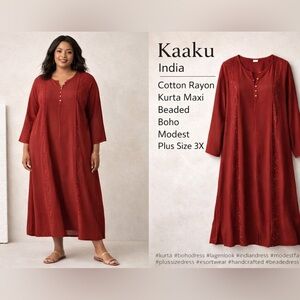 Kaaku India Cotton Rayon Kurta Maxi Dress Beaded Boho Modest Plus Size 3X